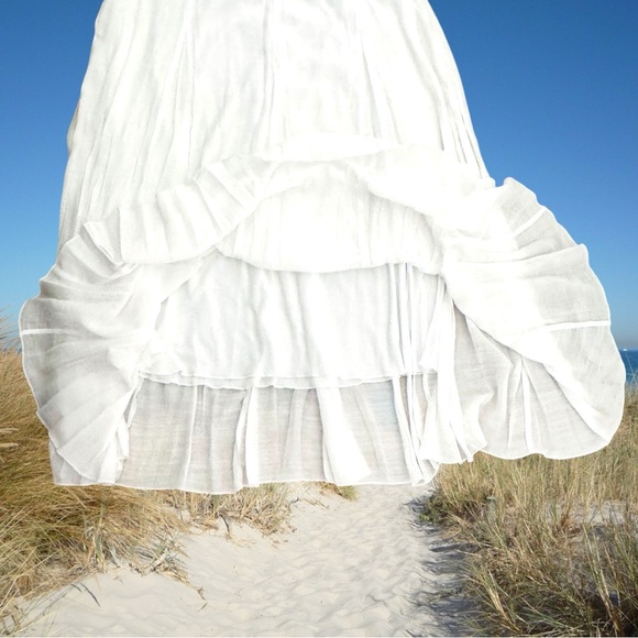 White Lined Elastic Waist Polyester-Rayon Crinkle Maxi Skirt Size Large - Picture 7 of 9